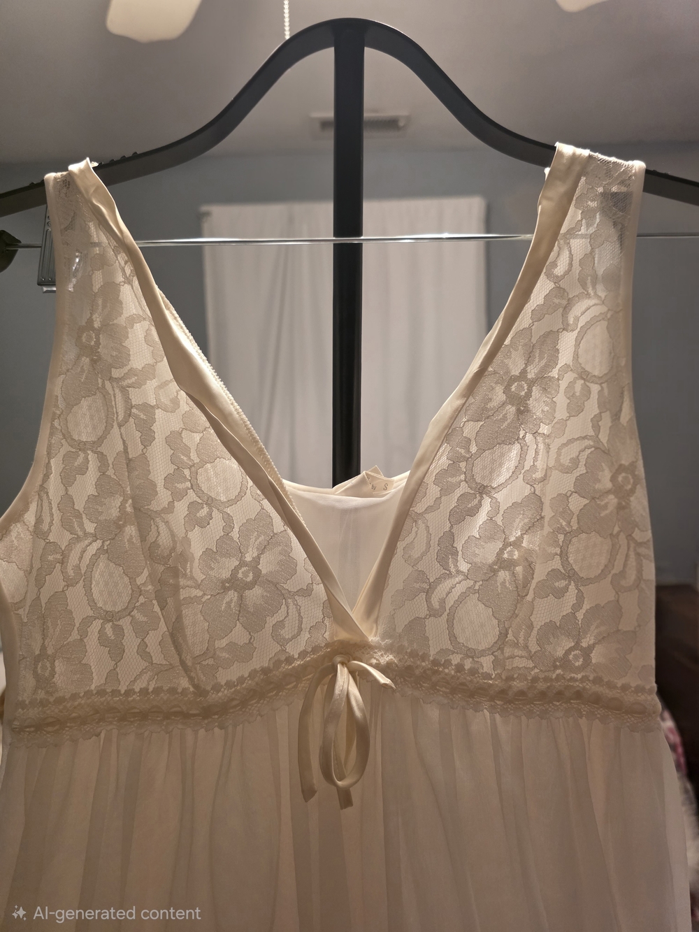 Vintage 1960/1970 Lace-Front Cream V-Neck Chemise with Ribbon Tie